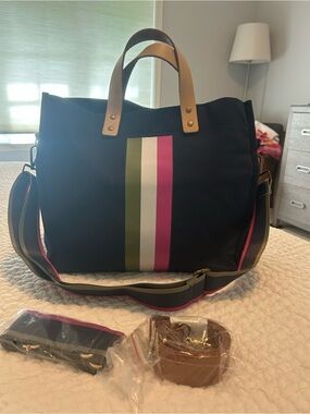 Bagging Rights -Navy Canvas Tote with Pink & Olive Center Stripe and Tan Handles